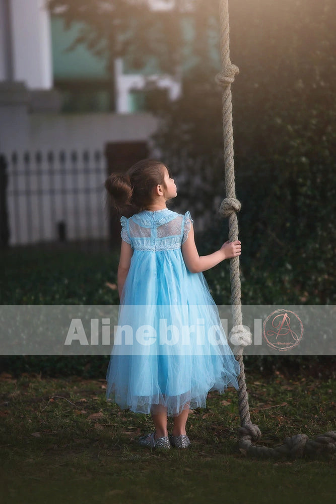 Simple Bright Blue Tulle Cap Sleeve High Neck Flower Girl Dresses, FGS065