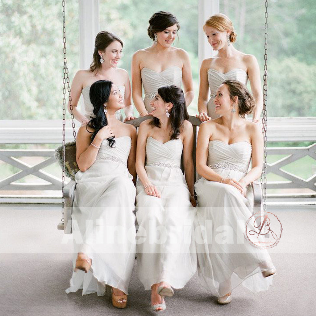 Simple Ivory Chiffon Sweetheart Strapless Long Bridesmaid Dresses , AB1221