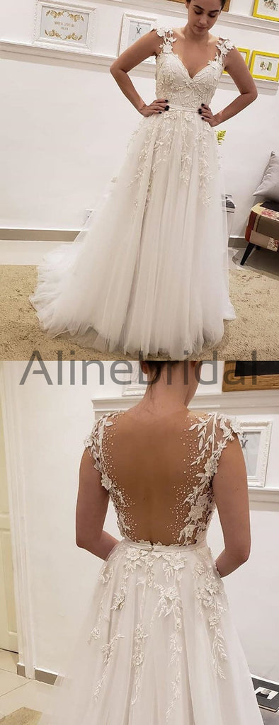 Simple Tulle Lace Illusion Back A-line Wedding Dresses , AB1506