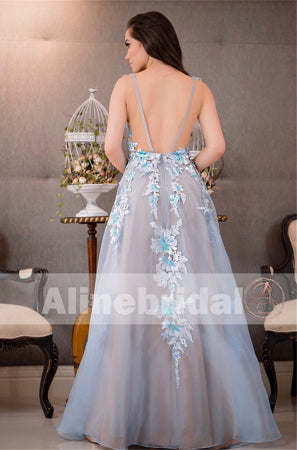 Simple Pale Blue Tulle With Appliques Charming A-line See-through Back Prom Dresses, PD00089
