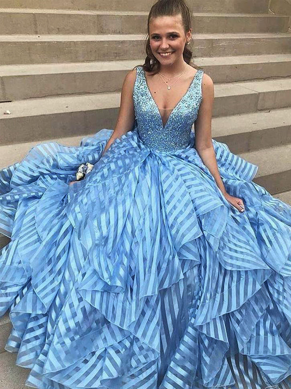 Sky Blue Beading Unique Organza Ball Gown Sleeveless Prom Dresses,PD00332