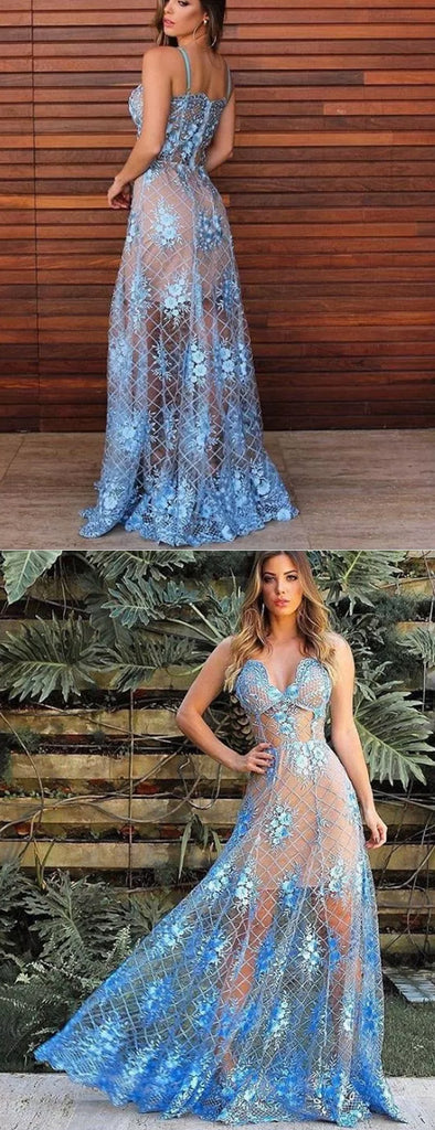 Sky Blue Lace See Through Spaghetti Strap Prom Dresses.PD00236