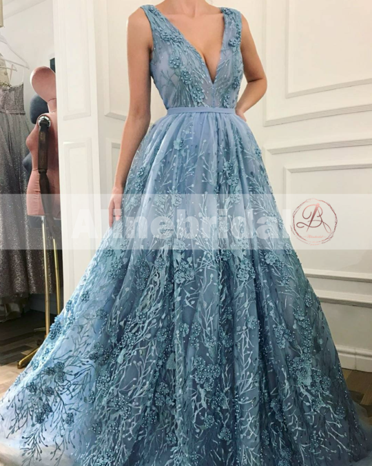 Sky Blue Lace With Beads V-neck Sleeveless Gorgeous Prom Dresses,PD00099