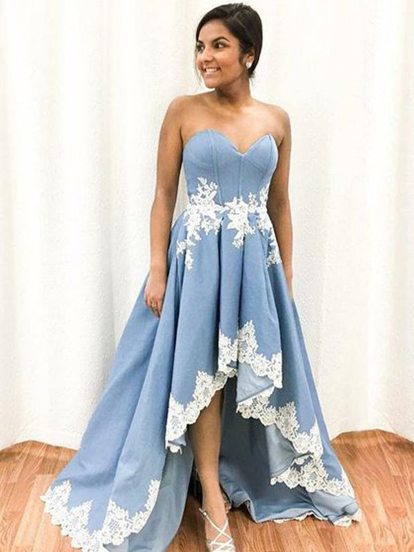 Sky Blue Strapless High Low Appliques Prom Dresses,PD00117