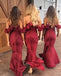 Spaghetti Strap Off Shoulder High Low Sexy Burgundy Mermaid Bridesmaid Dresses, AB4004