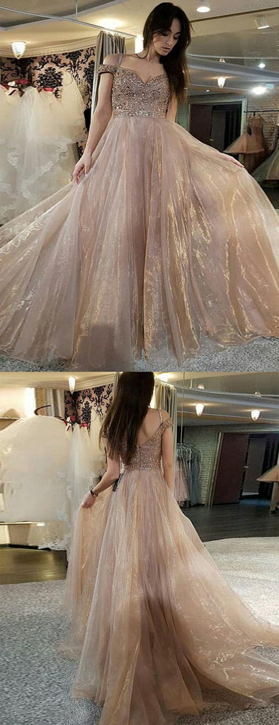 Sparkly Beading Nude Organza Off Shoulder Prom Dresses,PD00180