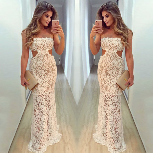 Strapless Ivory Lace See Through Mermaid Long Prom Gown  Dresses,PD00053