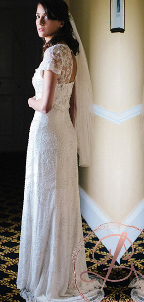 Stunning Gorgeous Beading Lace Square Neck Short Sleeve  Wedding Dresses, AB1120