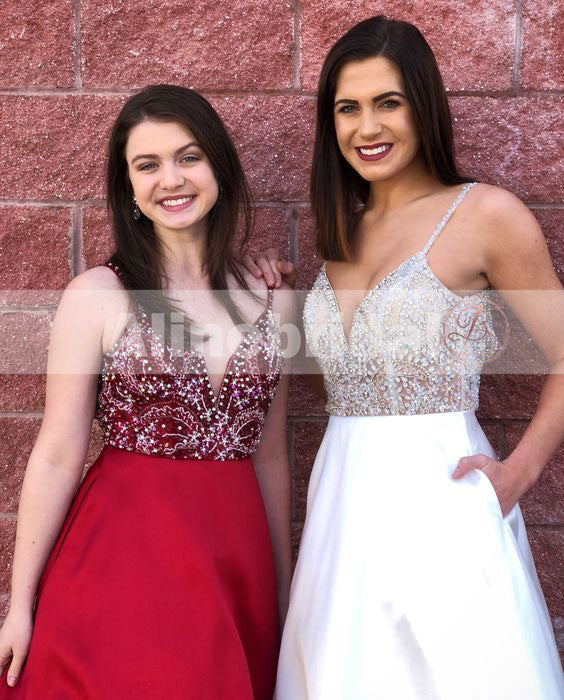 Stunning Beaded Top Backless V-neck Prom Dresses For Teens ,PD000101