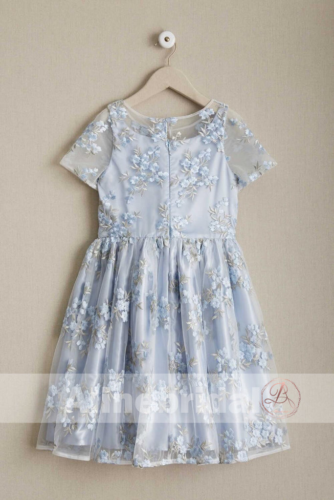 Stunning Blue Organza Lace Round Neck Short Sleeve Flower Girl Dresses, FGS086