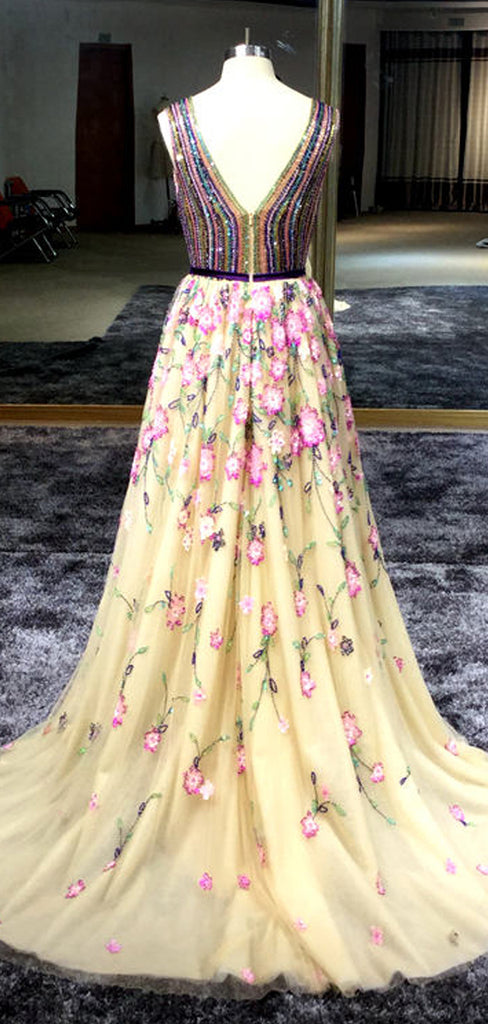 Stunning Colorful Beading Floral Tulle Sleeveless Prom Dresses.PD00286