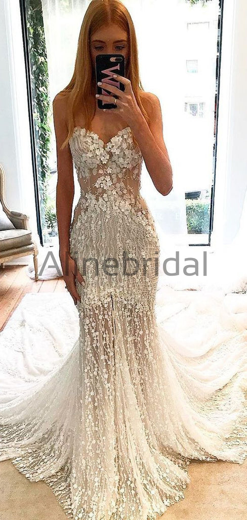 Stunning Lace Applique Sweetheart Strapless Mermaid Wedding Dresses , AB1509