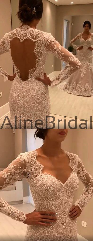 Stunning Lace Sequins Long Sleeve Mermaid Open Back Wedding Dresses, AB1514