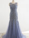 Stunning Lavender Tulle Beaded Lace Scoop Neck Sleeveless  Mermaid Prom Dresses,PD00064