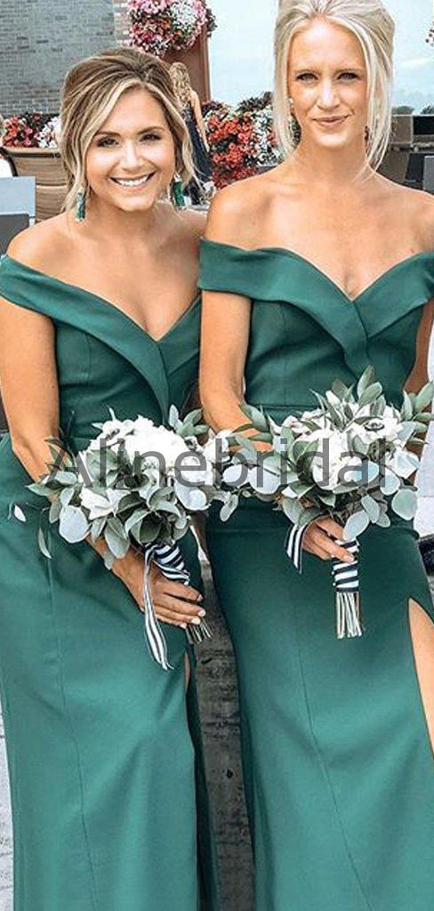 Teal Fashion Off Shoulder Simple Sheath Slit Bridesmaid Dresses, AB4059