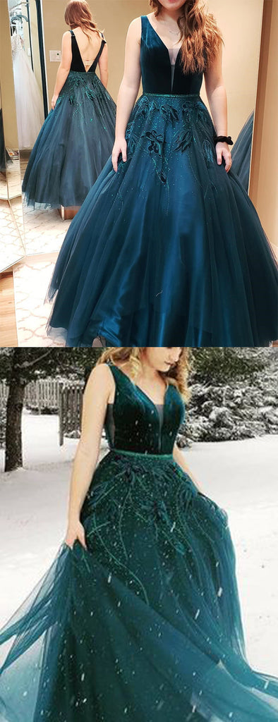 Teal Velvet Beading Tulle Sleeveless Charming Prom Dresses.PD00285