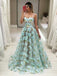 Tiffany Blue Illusion Floral Organza Spaghetti Strap Prom Dresses,PD00212