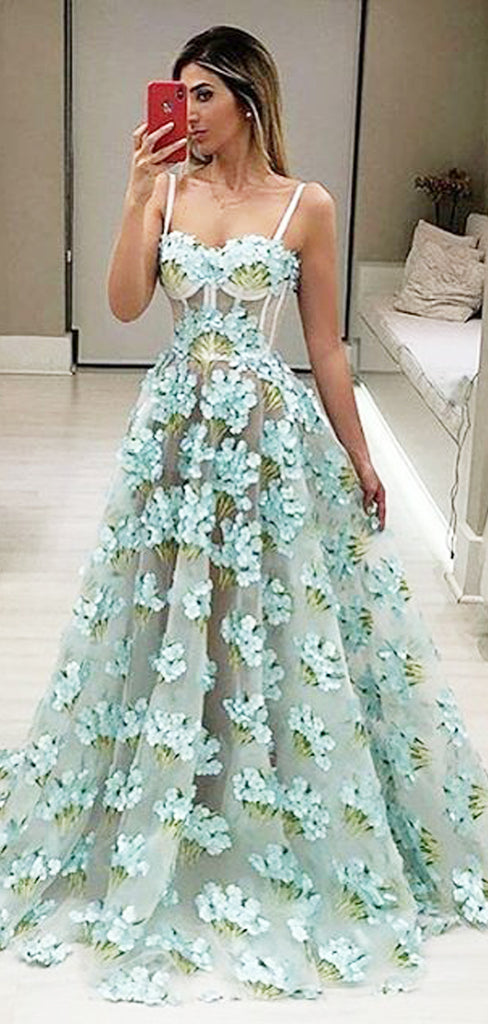 Tiffany Blue Illusion Floral Organza Spaghetti Strap Prom Dresses,PD00212