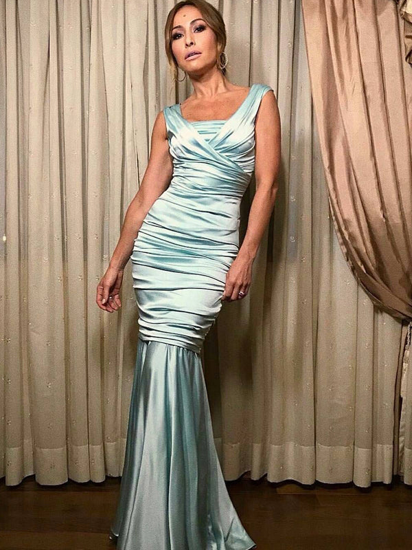 Tiffany Blue Pleating Mermaid Elegant Prom Dresses.PD00233