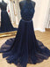 Two Piece Halter Beaded Top Backless Navy Blue Chiffon Prom Dresses ,PD000102