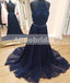 Two Piece Halter Beaded Top Backless Navy Blue Chiffon Prom Dresses ,PD000102