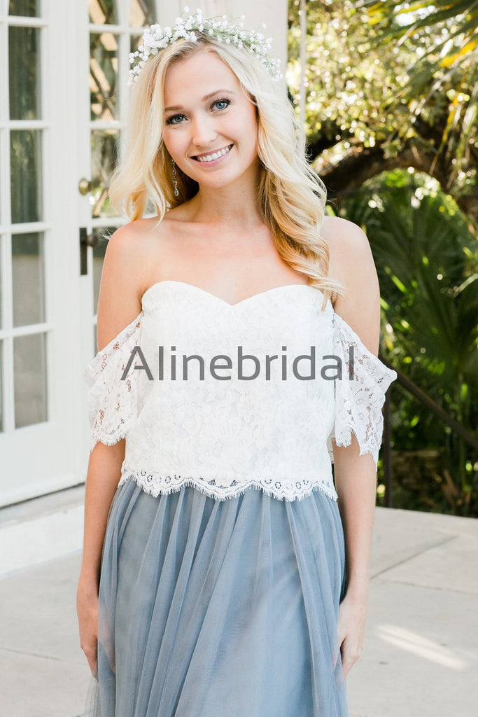 Two Piece Off Shoulder Lace Tulle Charming A-line Bridesmaid Dresses, AB4009