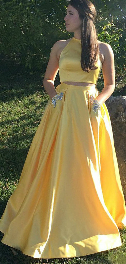 Two Piece Yellow Satin Open Back Beading Pocket Prom Dresses,PD00359