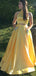 Two Piece Yellow Satin Open Back Beading Pocket Prom Dresses,PD00359