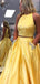 Two Piece Yellow Satin Open Back Beading Pocket Prom Dresses,PD00359