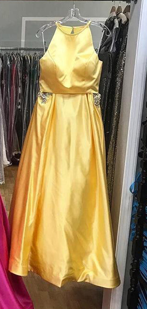 Two Piece Yellow Satin Open Back Beading Pocket Prom Dresses,PD00359