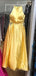 Two Piece Yellow Satin Open Back Beading Pocket Prom Dresses,PD00359