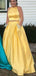 Two Piece Yellow Satin Open Back Beading Pocket Prom Dresses,PD00359