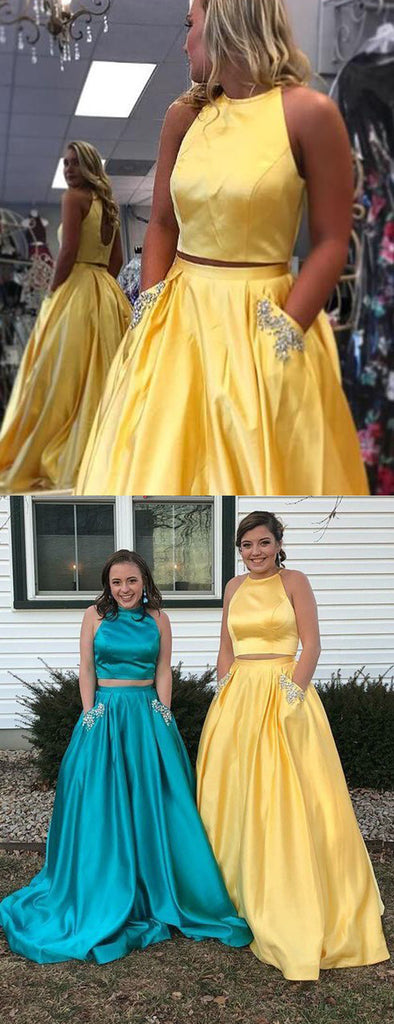 Two Piece Yellow Satin Open Back Beading Pocket Prom Dresses,PD00359