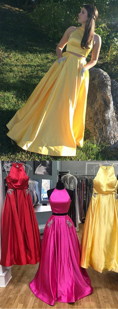 Two Piece Yellow Satin Open Back Beading Pocket Prom Dresses,PD00359