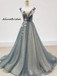 Elegant V-neck Sparkling A-line Applique Prom Dress, PD3021