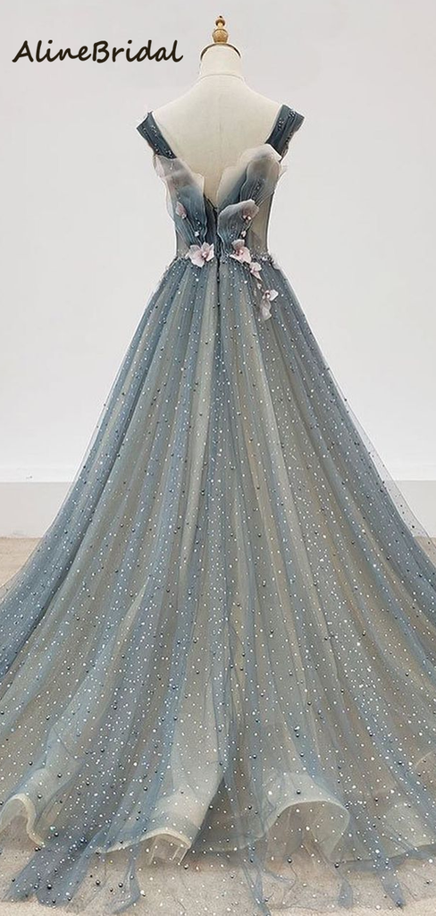 Elegant V-neck Sparkling A-line Applique Prom Dress, PD3021