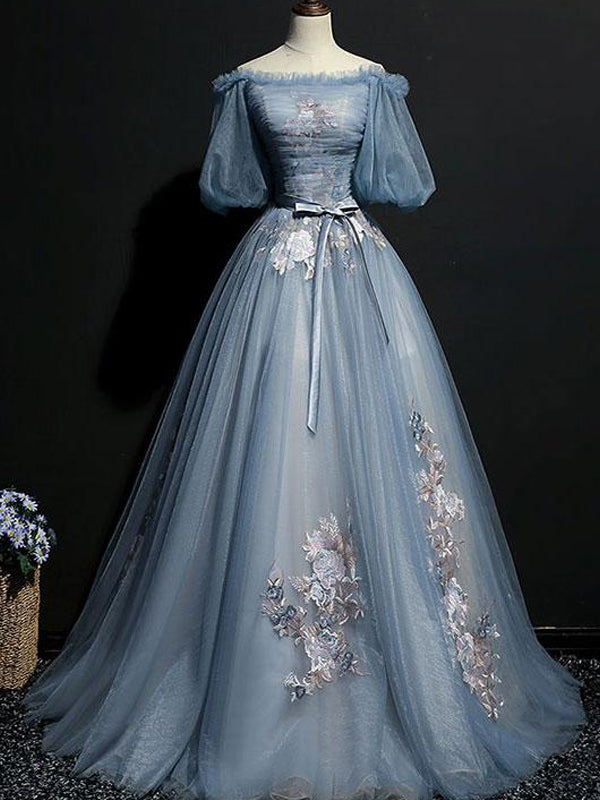 Vintage Princess Off Shoulder Half Sleeve Dusty Blue Appliques Ball Gown Prom Dresses,PD00076