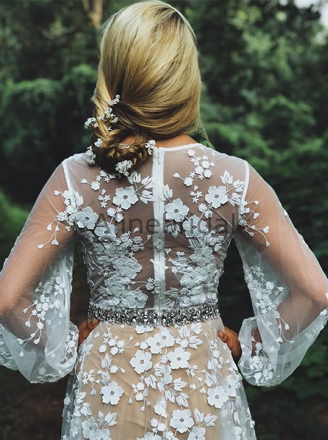 White Lace Illusion Long Sleeve Boho Wedding Dresses, AB1512
