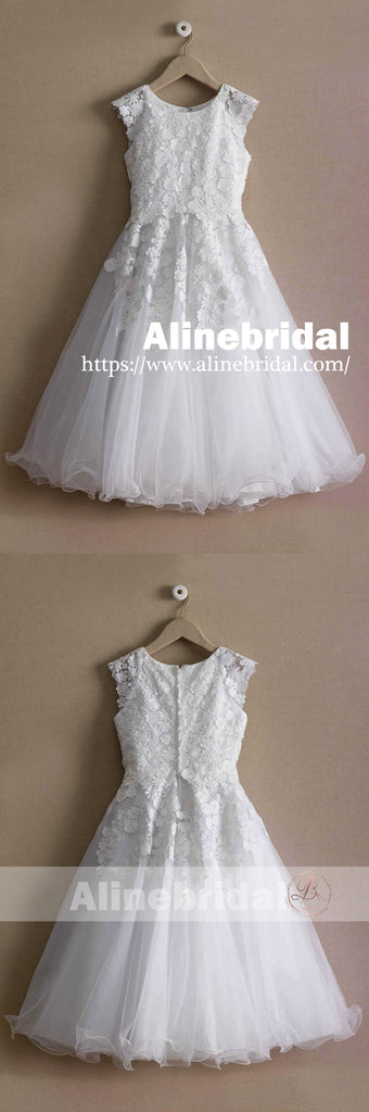 White Lace Tulle Cap Sleeve Round Neck Vintage Flower Girl Dresses, FGS095
