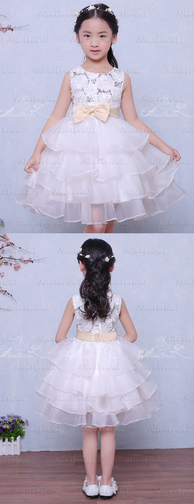White Organza Tiered Lace With Sequin With Belt Flower Girl Dresses, FGS122