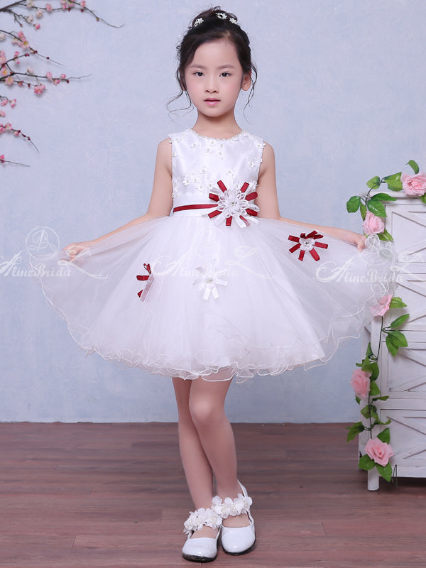 White Satin Tulle Applique Belt Simple Sweet Flower Girl Dresses, FGS034