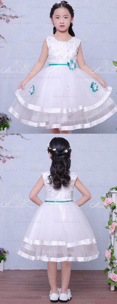 White Tulle Applique Beading Tiered Teal Belt Flower Girl Dresses, FGS118