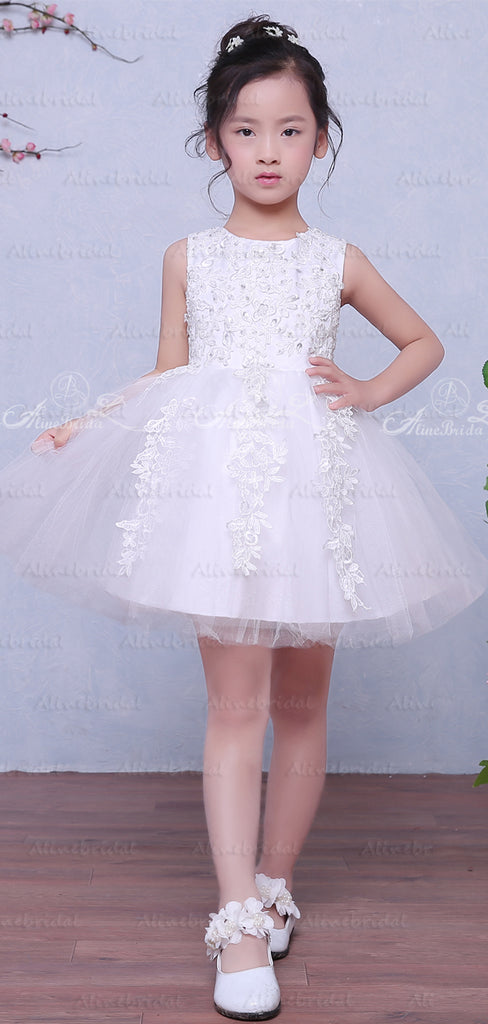 White Tulle Lace Beaded Applique Sleeveless Vintage Flower Girl Dresses, FGS036