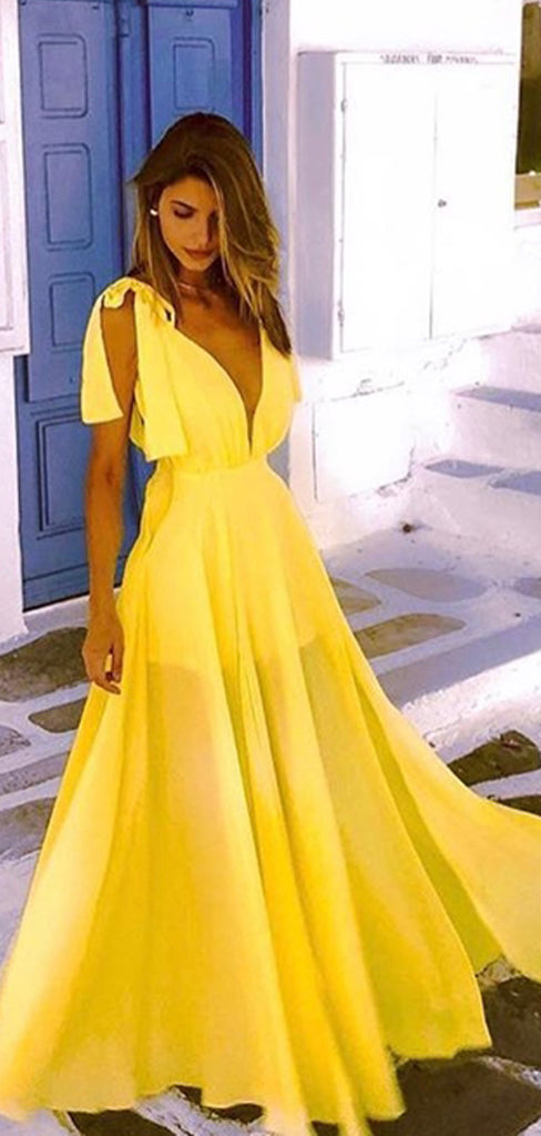 Yellow Chiffon V-neck Sleeveless A-line Simple Prom Dresses,PD00318