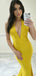 Yellow Jersey Halter Deep V-neck Mermaid Sexy Evening Party Prom Dresses ,PD00372