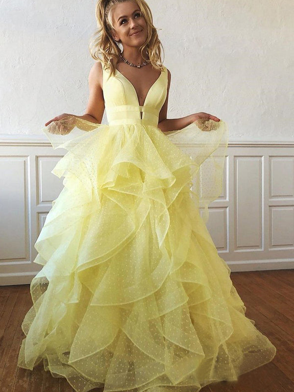 Yellow Organza Ruffles Ball Gown For Teens Prom Dresses.PD00251