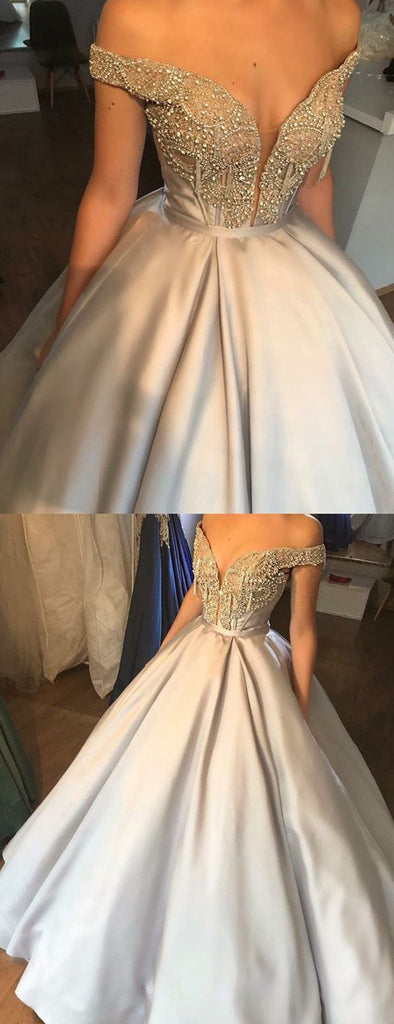 Yellow Satin Beading Off Shoulder Ball Gown Prom Dresses.PD00241