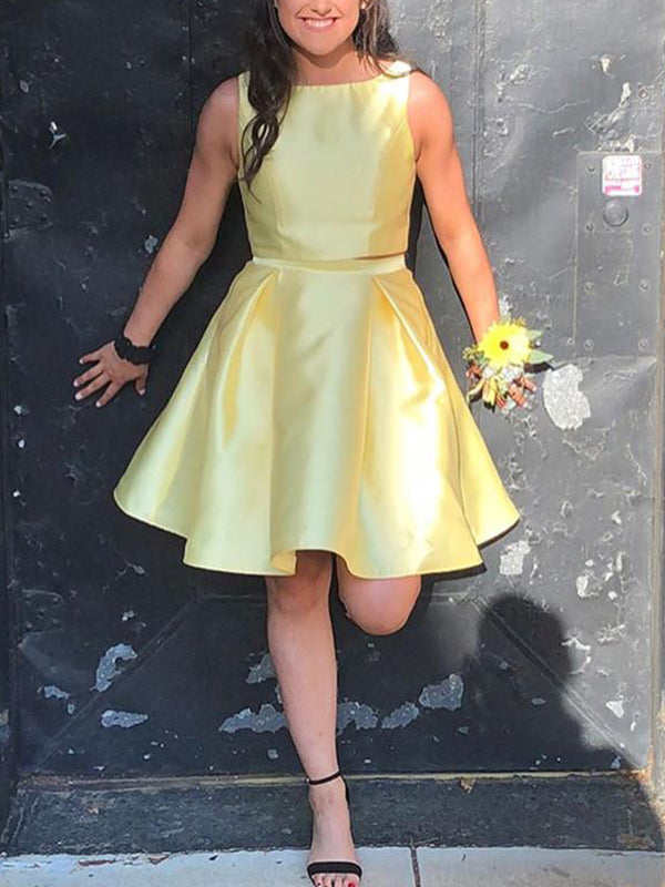 Yellow Satin Two Piece Charming Homecoming Dresses,HD0042
