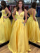 Yellow Satin V-neck Scoop Back Beading Pocket Prom Dresses,PD00357