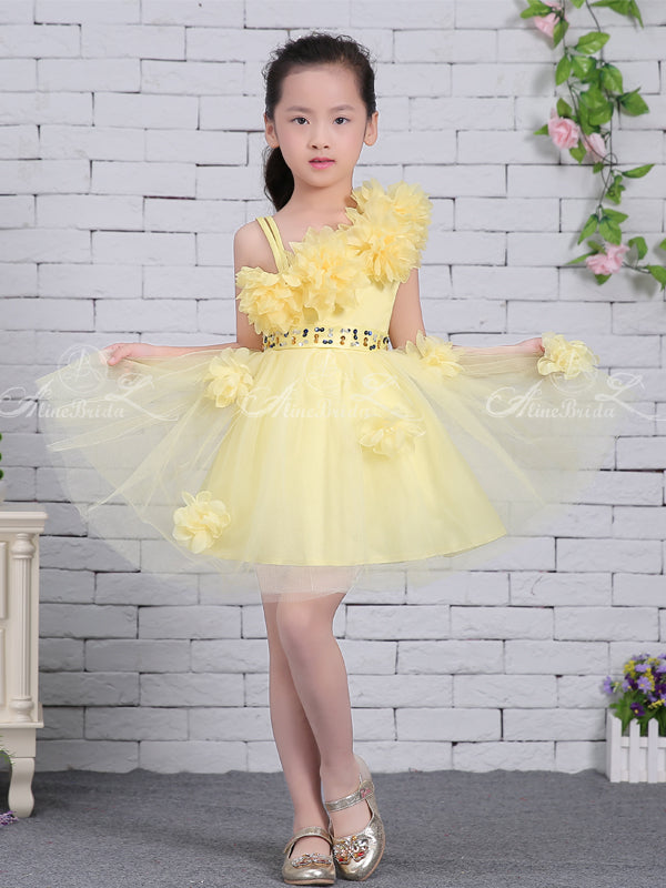 Yellow Tulle Handmade Flower Unique One Shoulder Sweet Flower Girl Dresses, FGS130